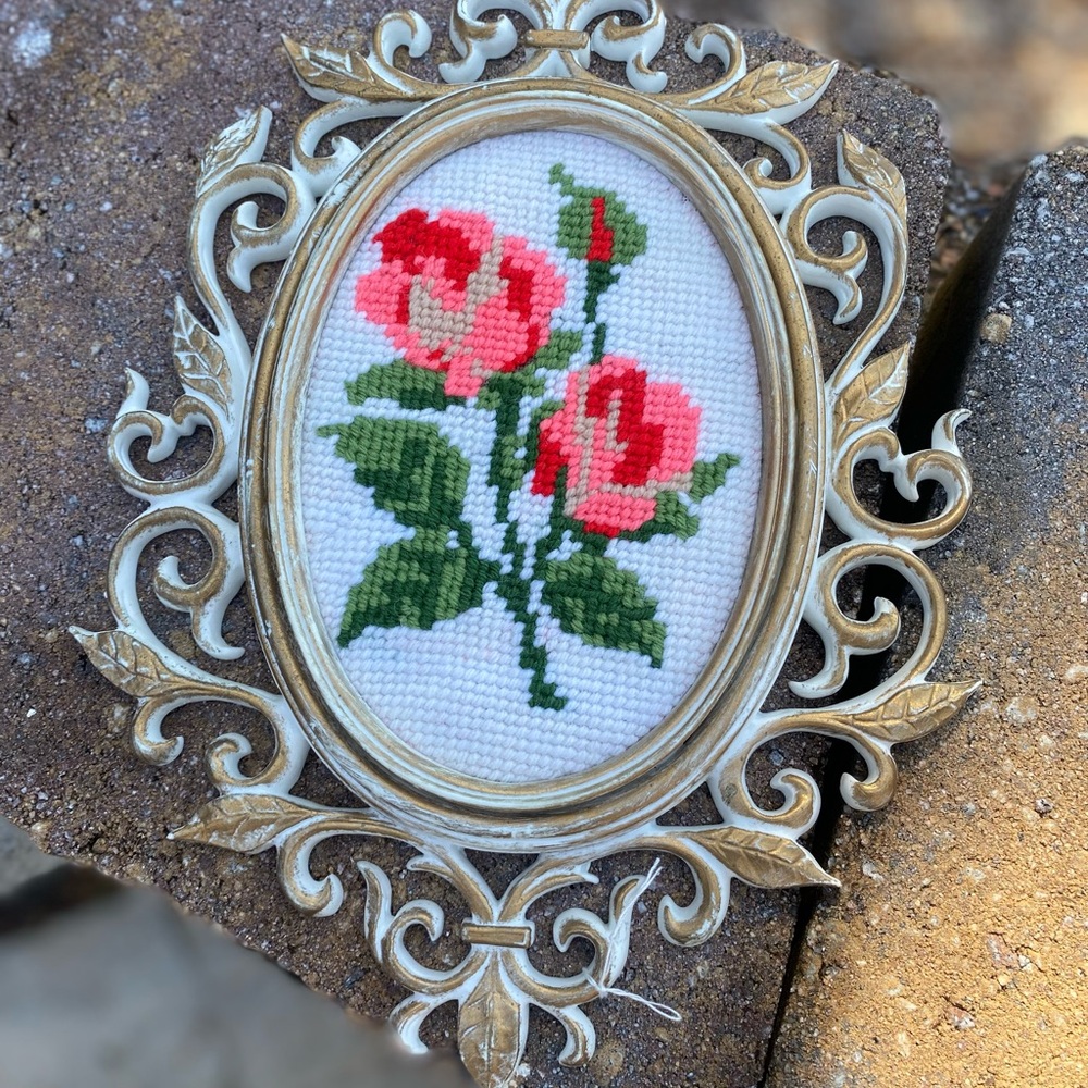 Vintage Floral Needlepoint in Ornate Gold Frame